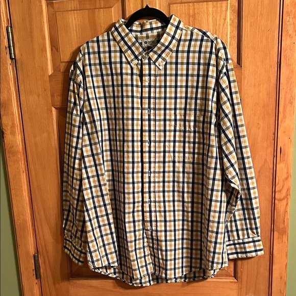 Haggar Men's Blue and Tan Plaid Button-Down Shirt - Picture 1 of 4